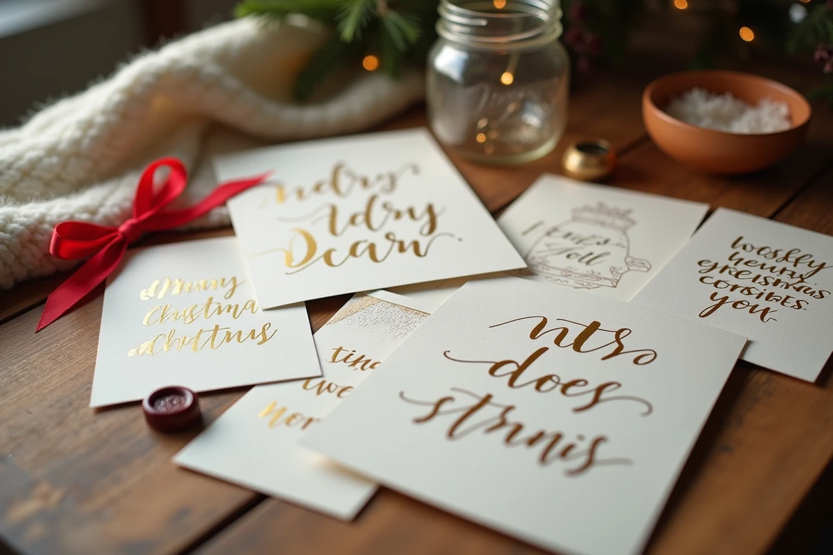 Gros plan de plusieurs modèles de cartes de Noël élégantes imprimées sur table en bois avec ruban et cachet de cire