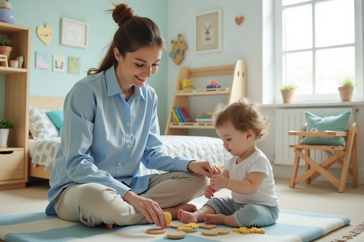Nounou professionnelle accompagnant un enfant dans une activité de puzzle dans une chambre colorée