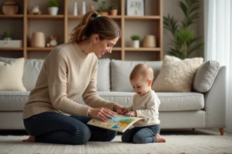Nounou attentive lisant un livre illustré avec un tout-petit dans un salon familial chaleureux