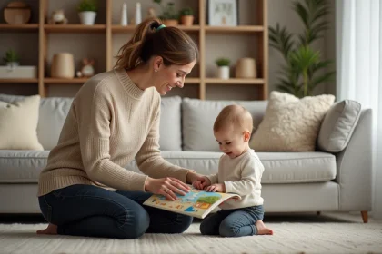 Nounou attentive lisant un livre illustré avec un tout-petit dans un salon familial chaleureux