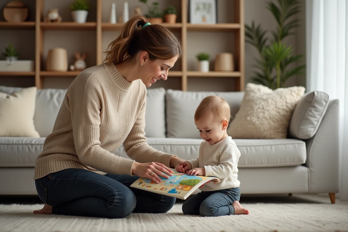 Nounou attentive lisant un livre illustré avec un tout-petit dans un salon familial chaleureux
