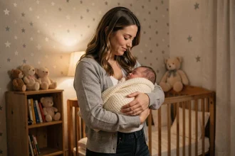 Nounou de nuit tenant délicatement un bébé endormi dans une chambre apaisante