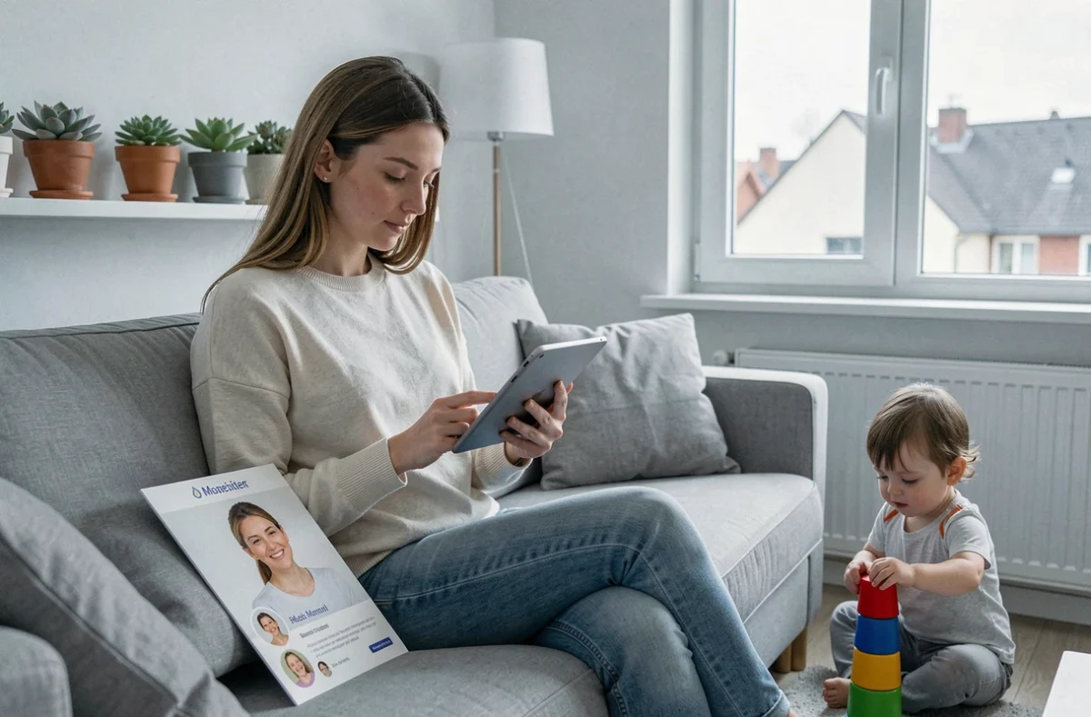Une mère mosellane utilisant la plateforme Nounou-Top Moselle sur une tablette pour trouver une baby-sitter, avec son enfant jouant au sol à proximité