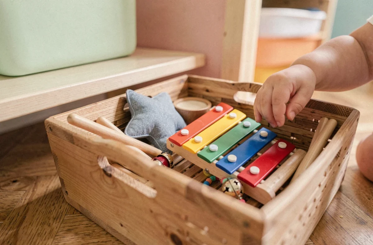 Panier d'instruments de musique adaptés aux bébés de 18 mois dans une salle de crèche