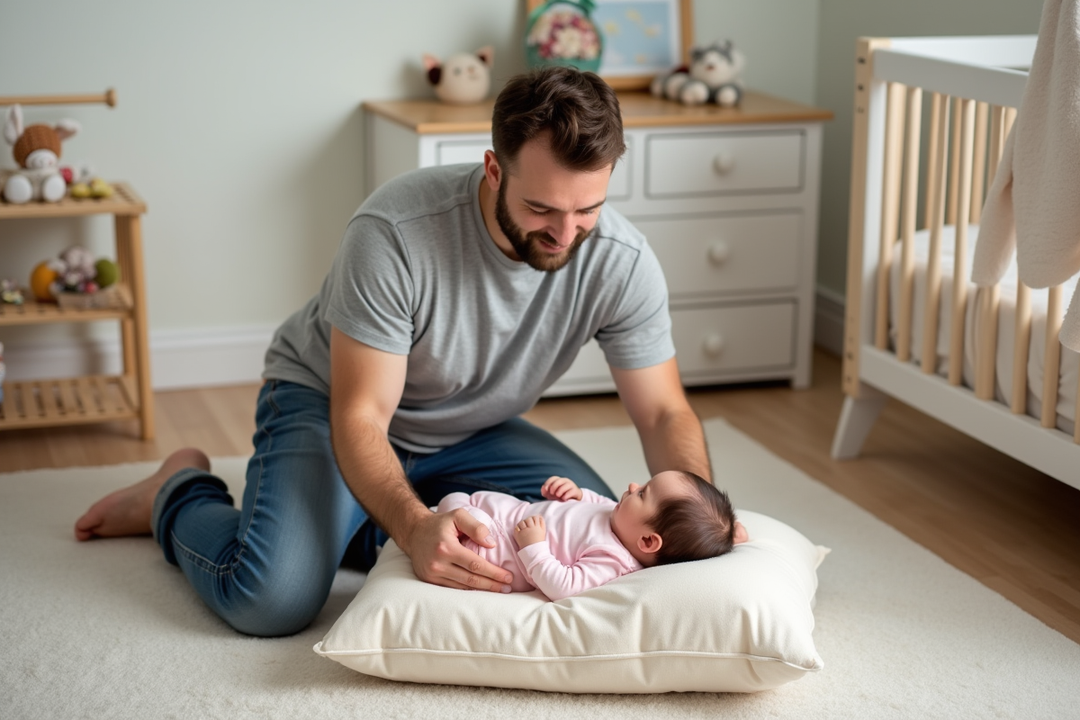 Père assis sur le sol avec sa fille dans une nurserie calme