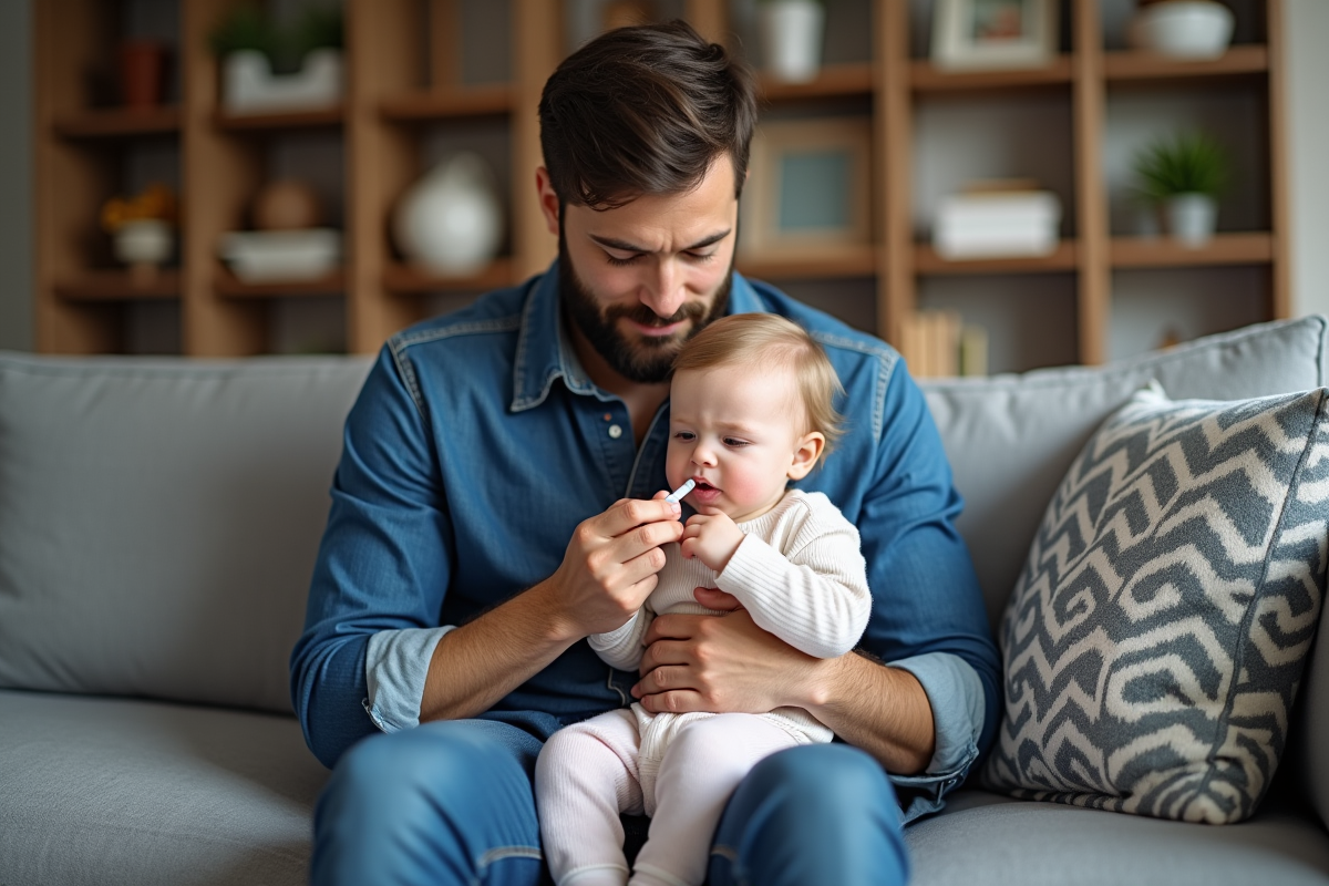 Papa tenant sa fille en train de recevoir un médicament à la maison