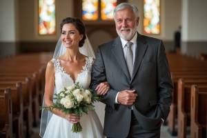 Père âgé en costume avec sa fille en robe de mariage dans une église