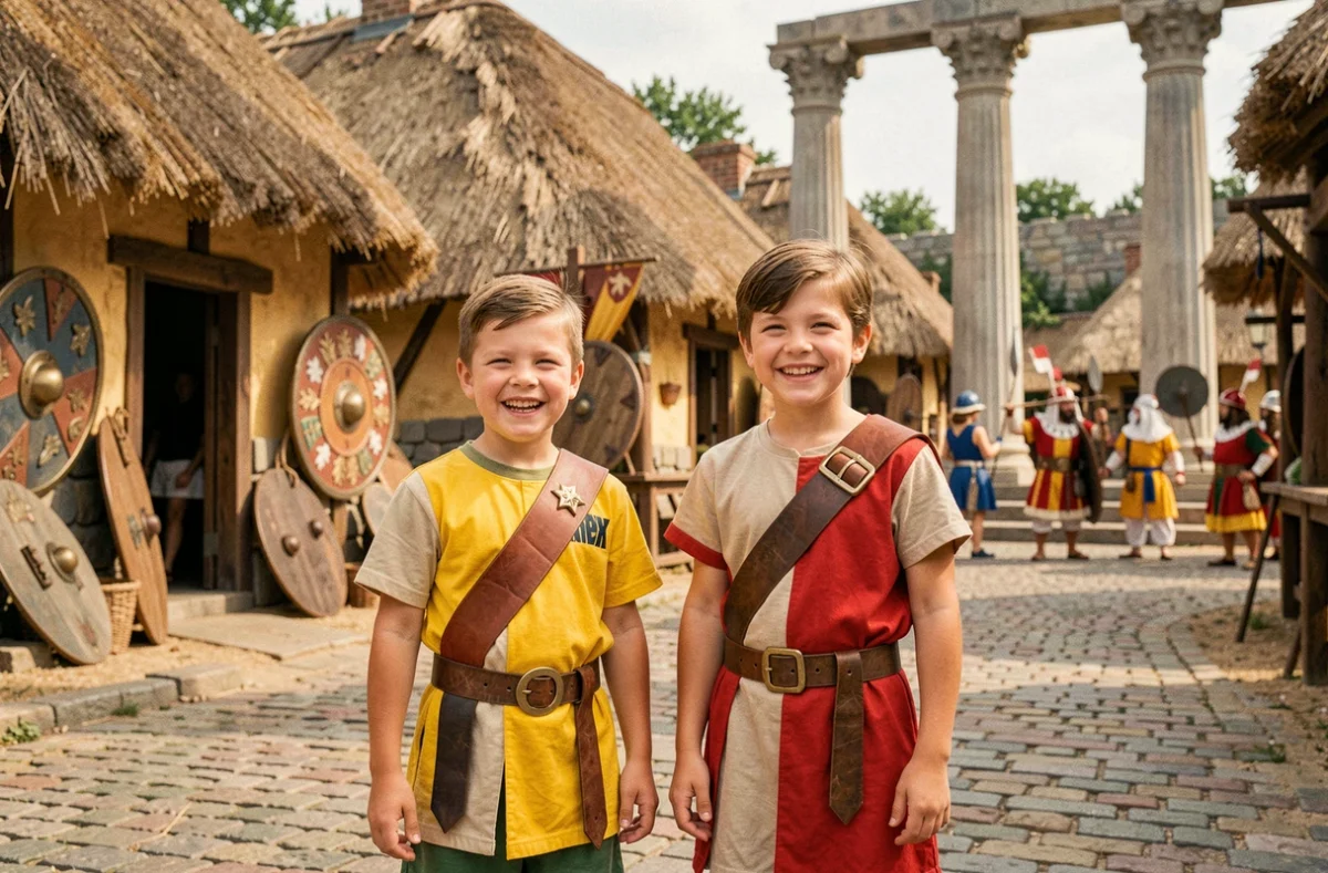 Enfants déguisés au Parc Astérix devant un décor gaulois authentique