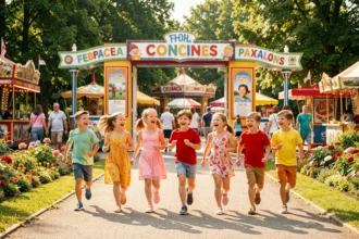 Enfants joyeux courant à l'entrée d'un parc de loisirs familial dans l'Oise