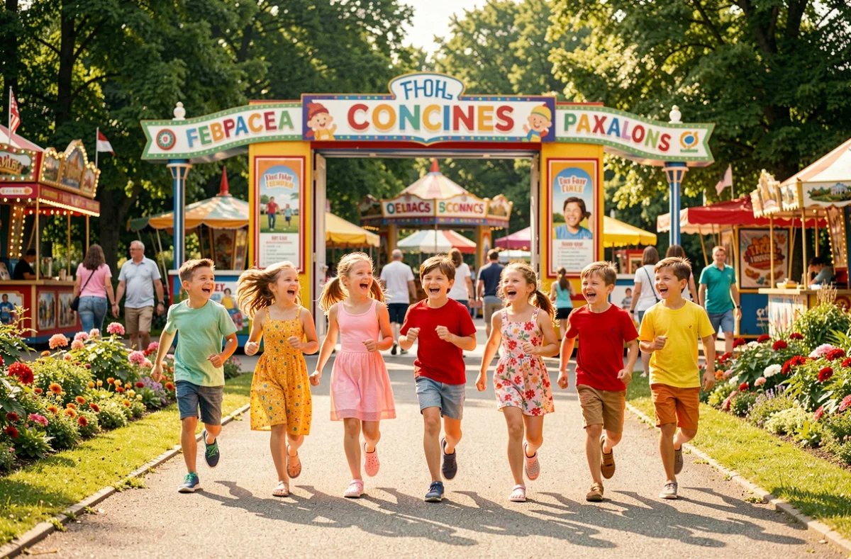 Enfants joyeux courant à l'entrée d'un parc de loisirs familial dans l'Oise