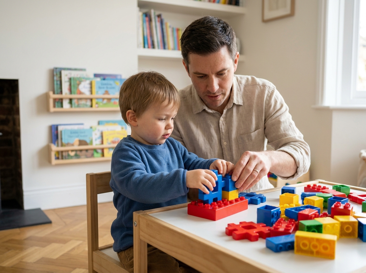 Parent et enfant de 3 ans jouant ensemble avec des pièces de construction en plastique colorées sur une petite table en bois dans un salon familial