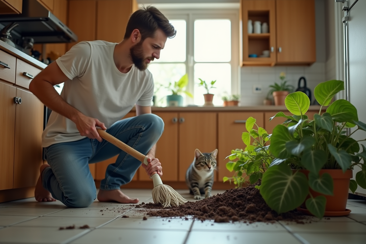 Père frustré avec un balai devant une plante renversée dans la cuisine