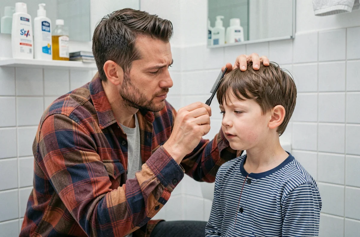 Père inspectant les cheveux de son fils avec un peigne antipoux dans une salle de bain familiale
