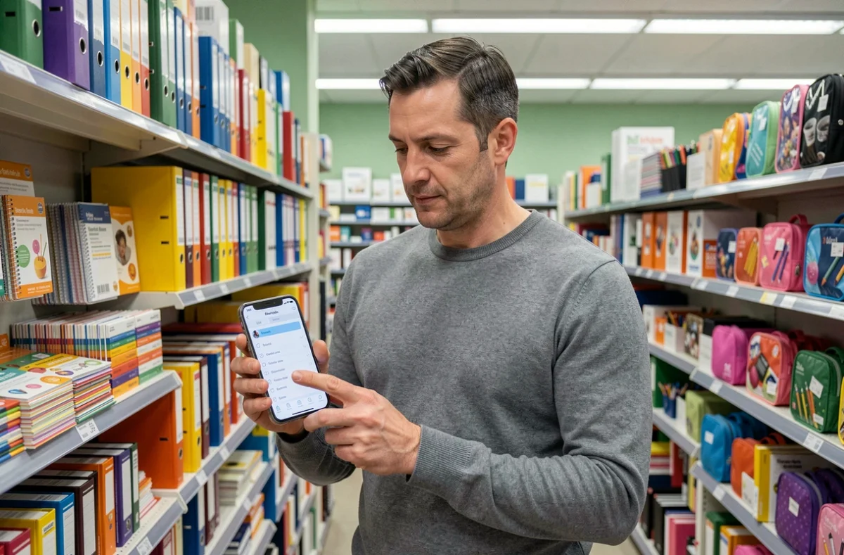 Père vérifiant la liste scolaire 2026 sur smartphone dans une papeterie avant d'acheter des fournitures