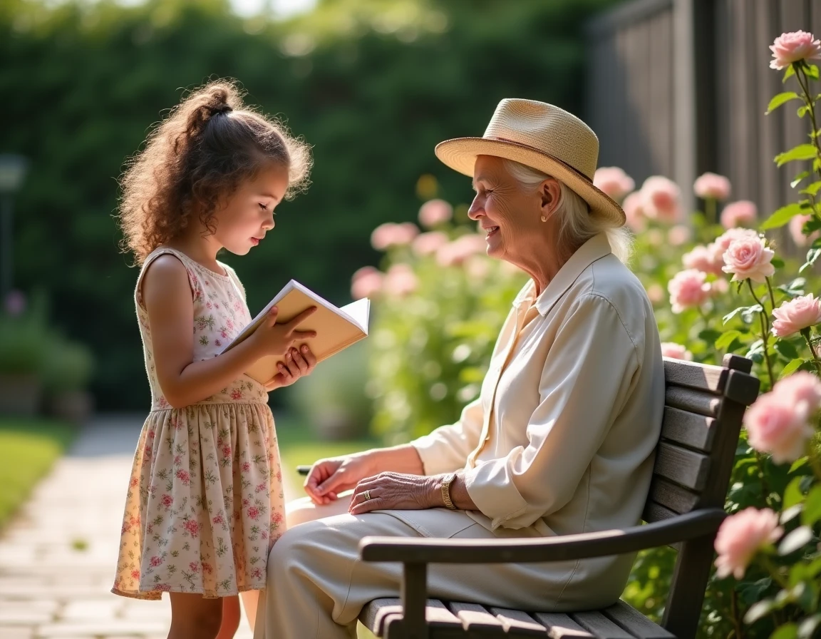 Petite-fille récitant un poème à voix haute à sa grand-mère dans le jardin pour la fête des grands-mères