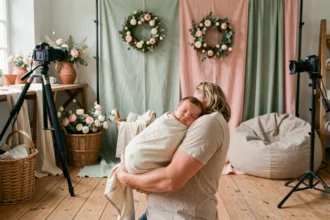 Photographe spécialisée dans les photos de naissance dans un studio professionnel du Grand Est, tenant délicatement un nouveau-né enveloppé dans une mousseline crème