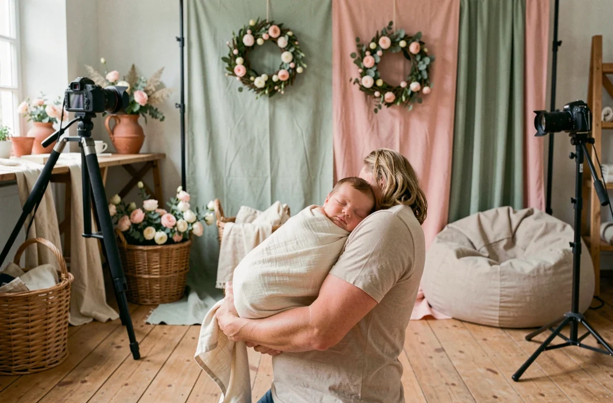 Photographe spécialisée dans les photos de naissance dans un studio professionnel du Grand Est, tenant délicatement un nouveau-né enveloppé dans une mousseline crème