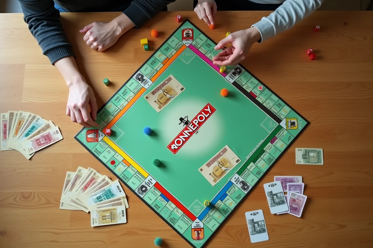 Vue aérienne d'un plateau de jeu Bonne Paye en cours de partie avec billets colorés, cartes et dés sur table en bois