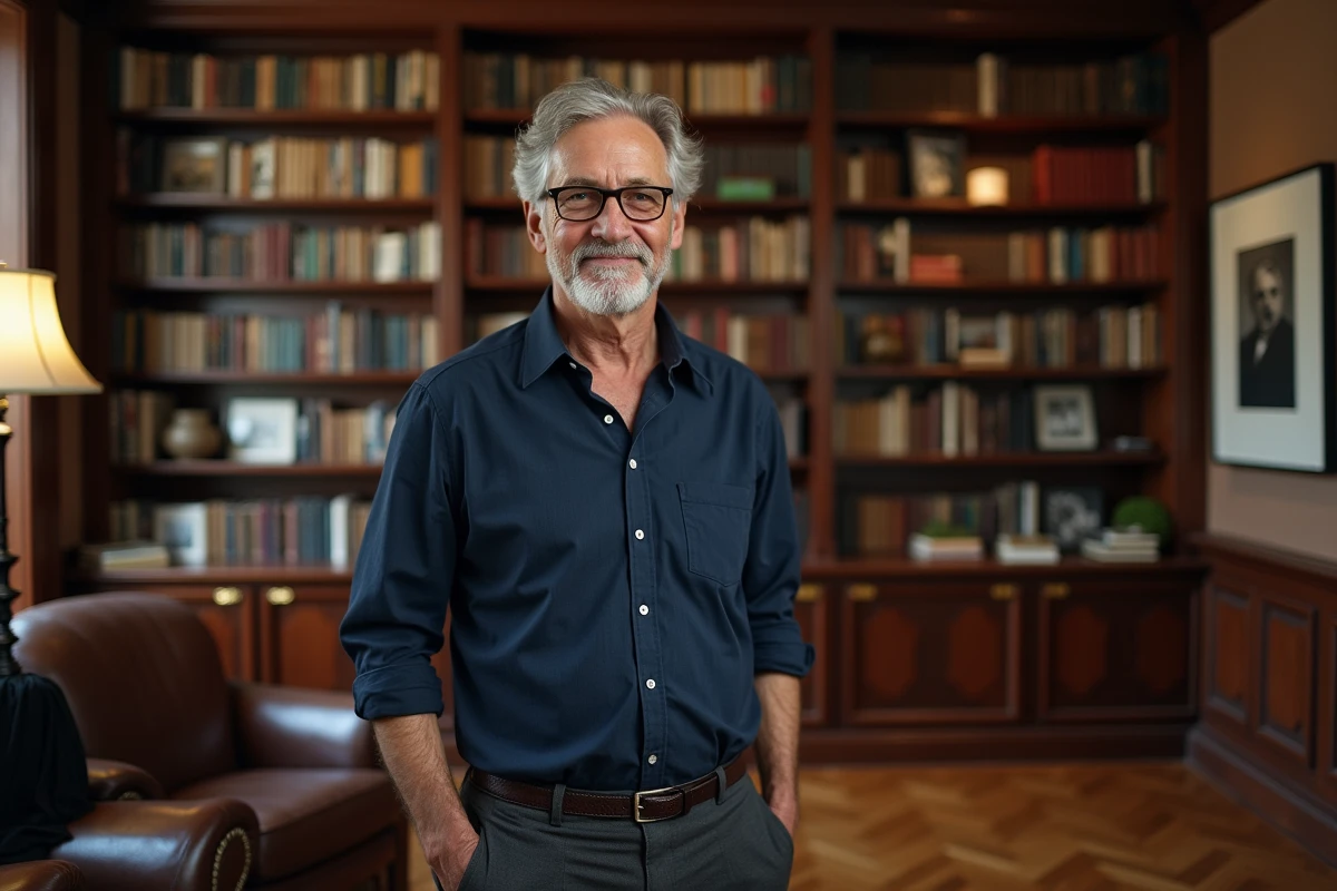 Portrait intimiste d'un homme élégant et discret dans une bibliothèque parisienne, compagnon d'une personnalité politique française