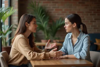 Deux femmes adultes en discussion sérieuse dans un café, illustrant la pose de limites émotionnelles saines dans une relation amicale