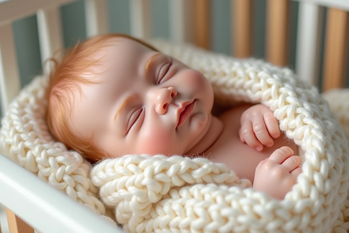 Poupée bébé reborn réaliste endormie dans une couverture tricotée crème avec détails de peau peinte à la main