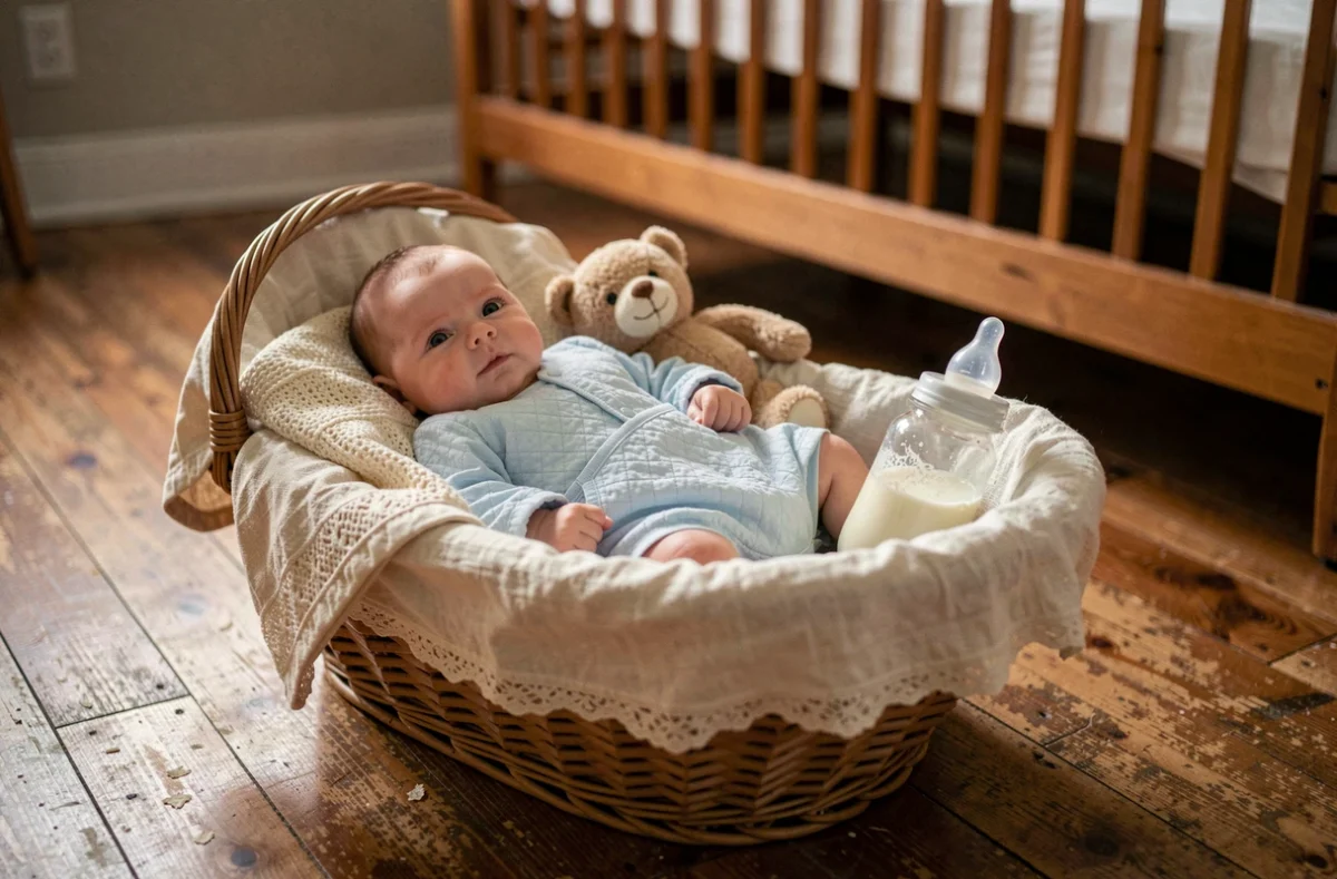 Poupée reborn réaliste dans un moïse en osier entourée d'accessoires de trousseau soigneusement sélectionnés