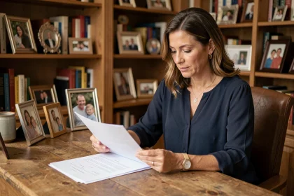 Femme réfléchissant à la protection de sa vie privée dans un bureau personnel chaleureux