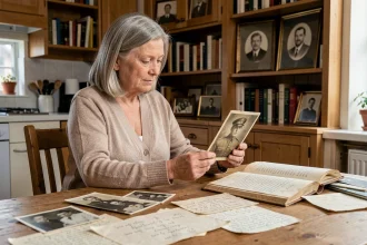 Femme consultant des photos de famille et documents anciens pour retrouver des ancêtres disparus pendant les guerres