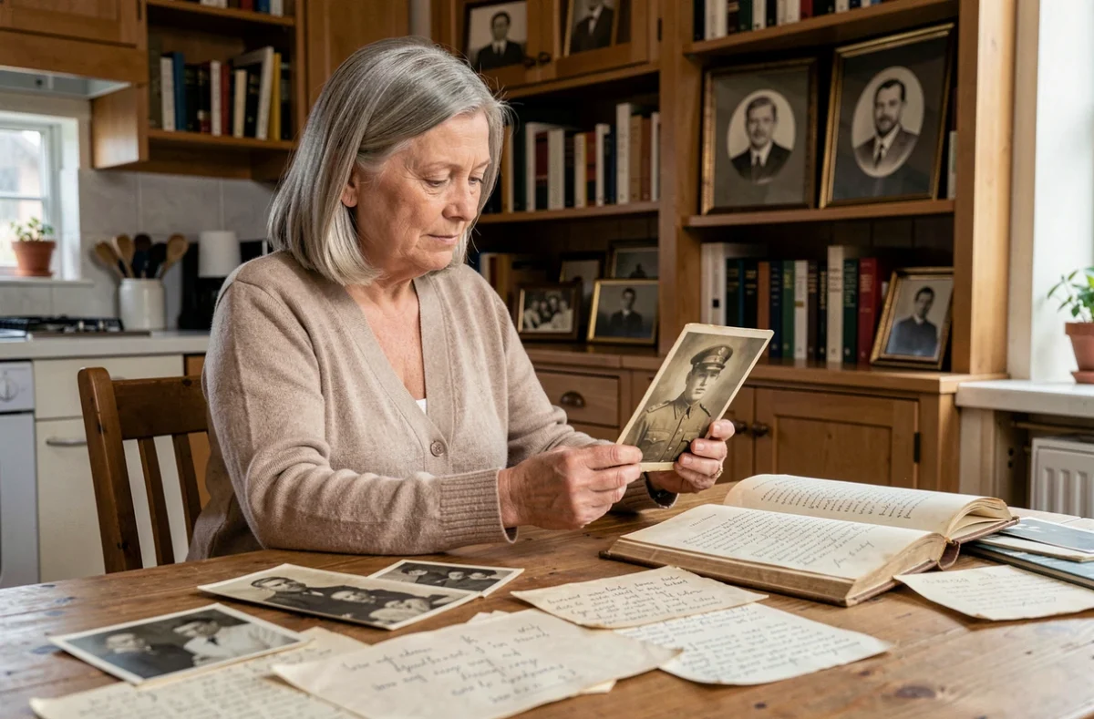 Femme consultant des photos de famille et documents anciens pour retrouver des ancêtres disparus pendant les guerres