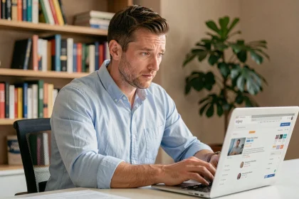 Homme cherchant des informations sur la vie privée d'une célébrité française sur Internet