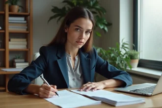 Femme rédigeant une lettre de congé parental à son bureau à domicile, stylo en main sur document officiel