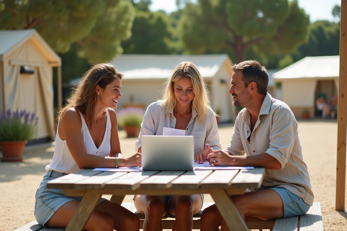 Adultes consultant des documents réglementaires autour d'une table dans un camping naturiste familial en Provence