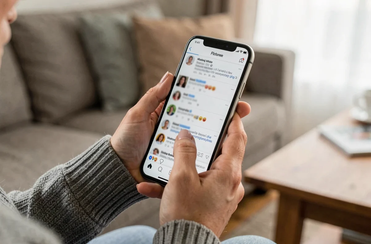 Femme parcourant les réseaux sociaux à la recherche d'informations sur la compagne d'un animateur télé