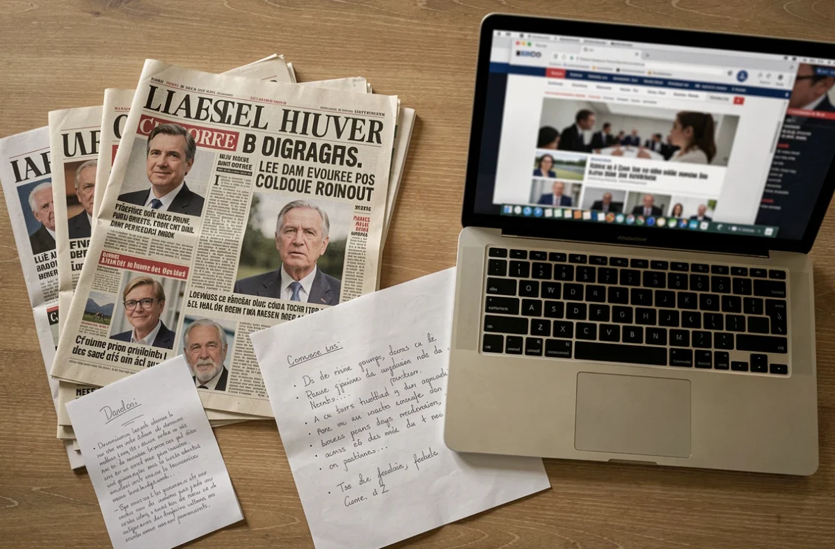 Revue de presse avec coupures de journaux et notes manuscrites sur un bureau en bois, symbolisant l'analyse médiatique autour de la vie personnelle d'une personnalité publique française