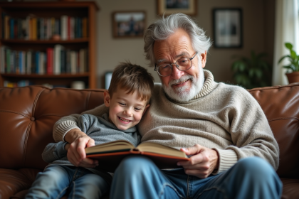 Un grand-père souriant avec un petit garçon regardant un album photo