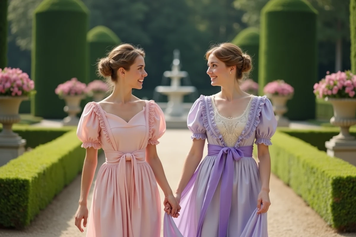 Deux jeunes femmes en robes aristocratiques bavaroises du XIXe siècle se promenant dans un jardin royal européen, représentant la complicité entre Sissi et sa sœur Marie-Sophie