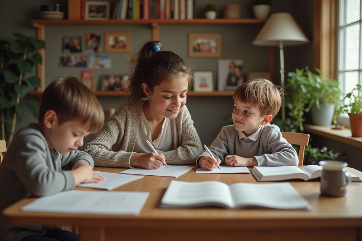 Soeur aidant ses frères à faire leurs devoirs dans le salon