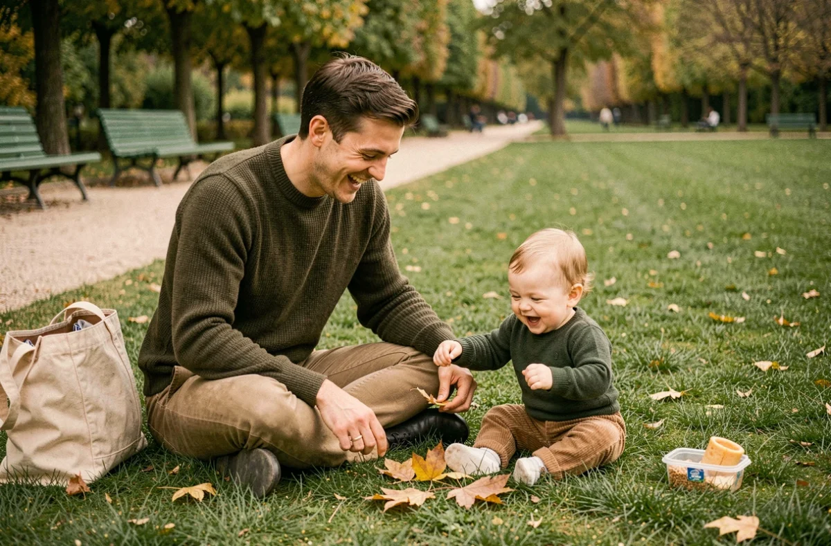 Papa jouant avec son bébé d'un an sur la pelouse d'un jardin public parisien