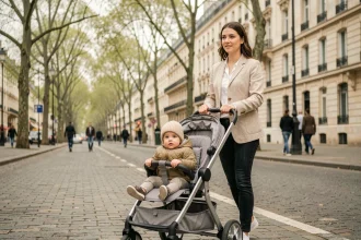 Mère promenant son bébé d'un an en poussette sur un boulevard parisien au printemps