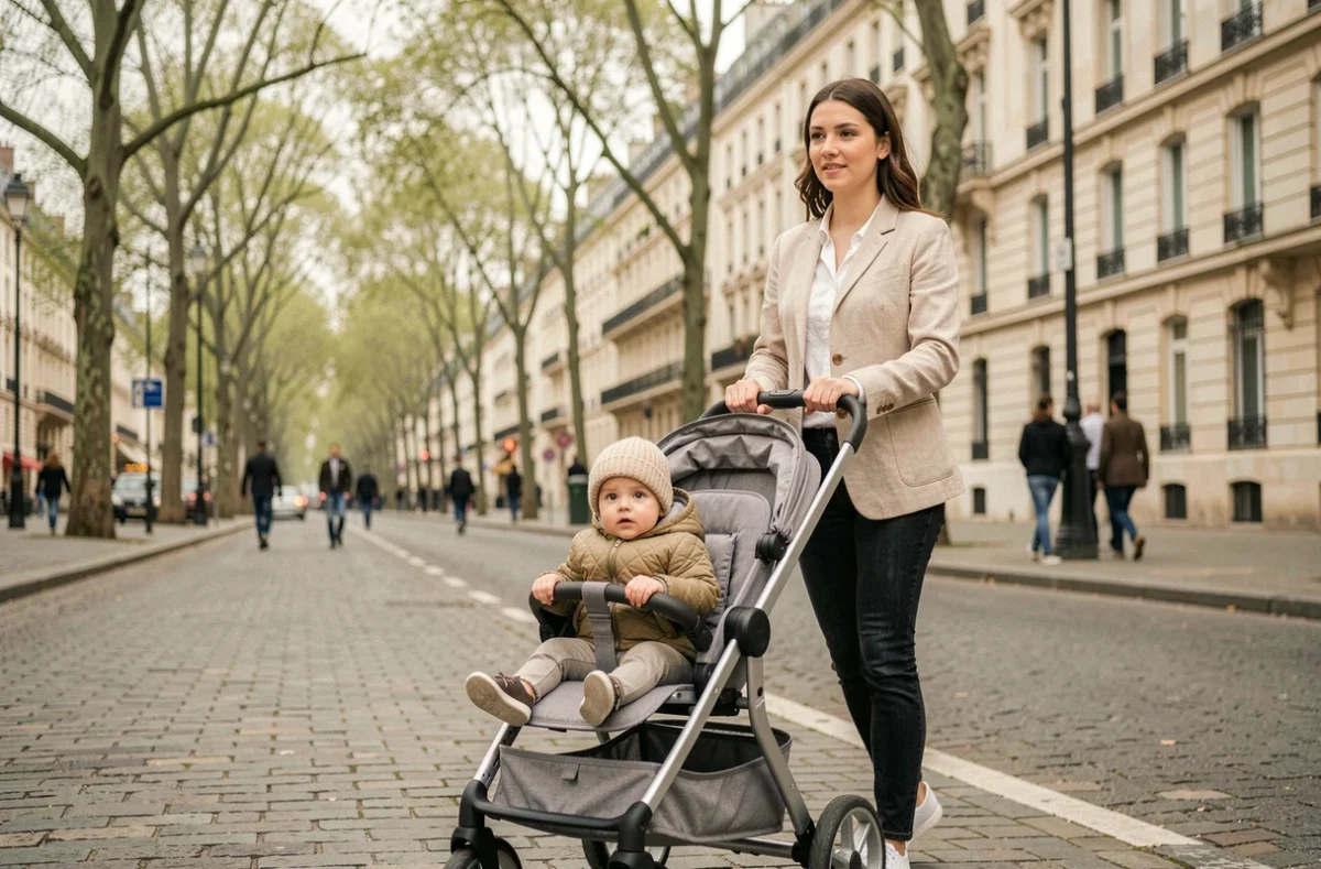 Mère promenant son bébé d'un an en poussette sur un boulevard parisien au printemps
