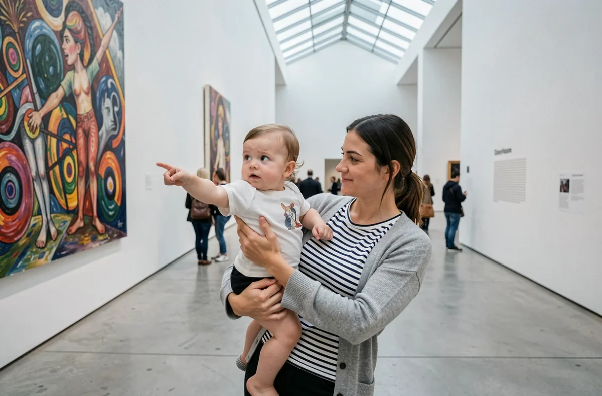Famille avec bébé d'un an visitant un musée gratuit à Paris