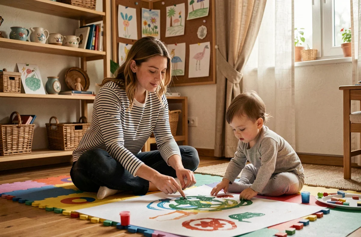 Garde d'enfants personnalisée par Sous Mon Toit Mulhouse, une baby-sitter et un tout-petit faisant de la peinture à doigts sur un tapis de jeu