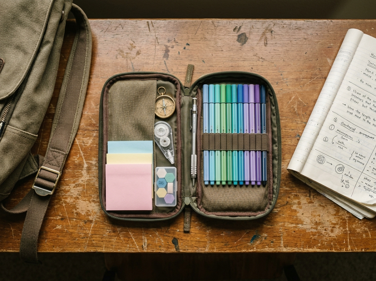 Vue de dessus d'une trousse scolaire ouverte avec des fournitures stylées et pratiques pour collégien