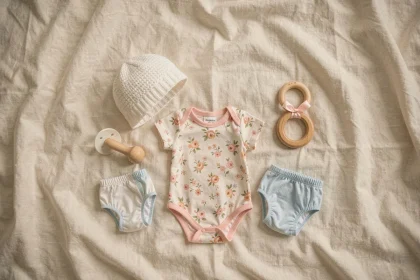 Trousseau complet d'accessoires pour bébé reborn disposés en flat lay sur une couverture en coton ivoire