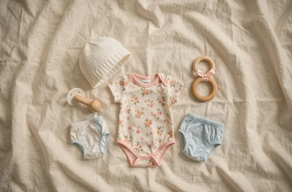 Trousseau complet d'accessoires pour bébé reborn disposés en flat lay sur une couverture en coton ivoire