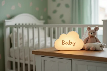 Veilleuse bébé personnalisée en forme de nuage posée sur une commode en bois dans une chambre de bébé décorée en vert sauge