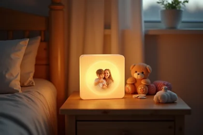 Veilleuse personnalisée avec photo de famille posée sur une table de nuit en bois dans une chambre d'enfant décorée de jouets en peluche