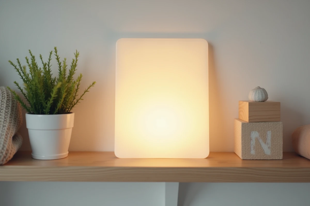 Veilleuse avec photo personnalisée posée sur une étagère de chambre de bébé au style scandinave avec plantes et objets décoratifs en bois