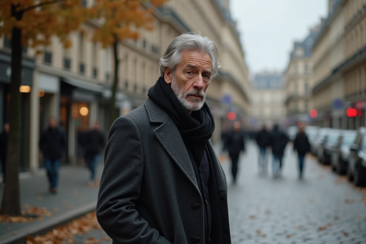 Homme discret marchant seul dans une rue pavée de Paris à l'automne, illustrant la vie privée préservée d'Yvan Cassar